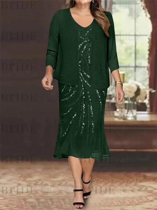 Dark Green Plus Size V-Neck Chiffon Mother of the Bride Dress Set with Jacket and Sequins Knee-Length
