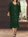 Dark Green Plus Size V-Neck Chiffon Mother of the Bride Dress Set with Jacket and Sequins Knee-Length