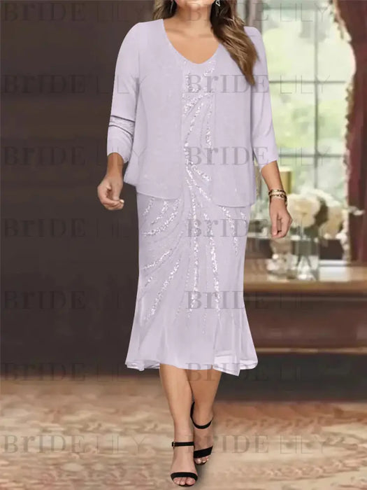 Lilac Plus Size V-Neck Chiffon Mother of the Bride Dress Set with Jacket and Sequins Knee-Length