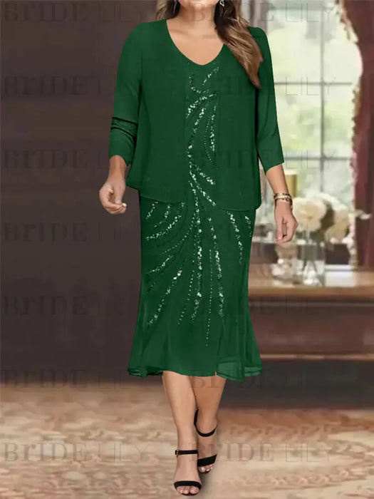 Dark Green Plus Size V-Neck Chiffon Mother of the Bride Dress Set with Jacket and Sequins Knee-Length