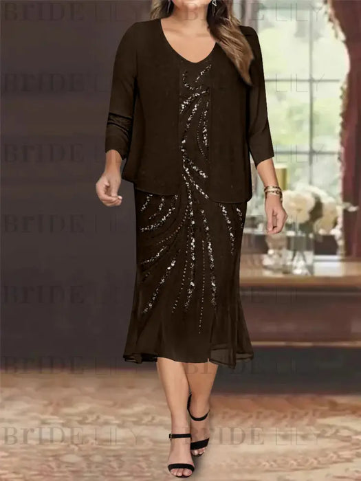 Chocolate Plus Size V-Neck Chiffon Mother of the Bride Dress Set with Jacket and Sequins Knee-Length