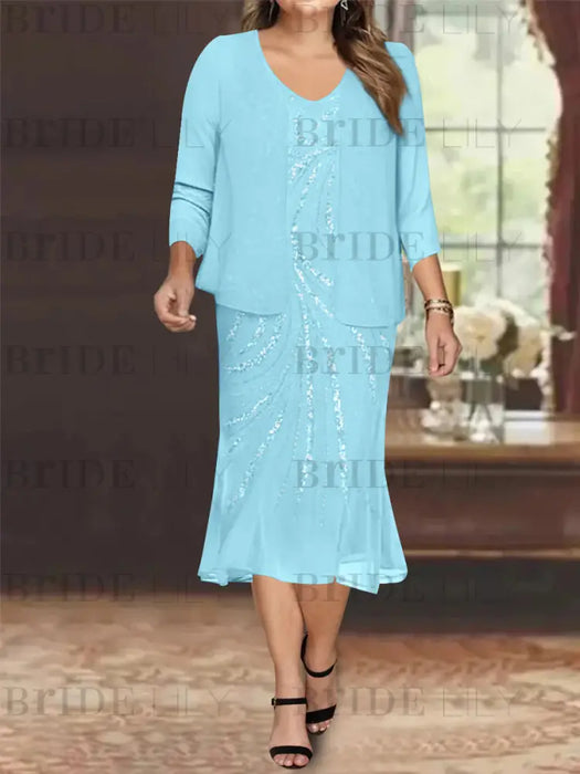 Light Blue Plus Size V-Neck Chiffon Mother of the Bride Dress Set with Jacket and Sequins Knee-Length