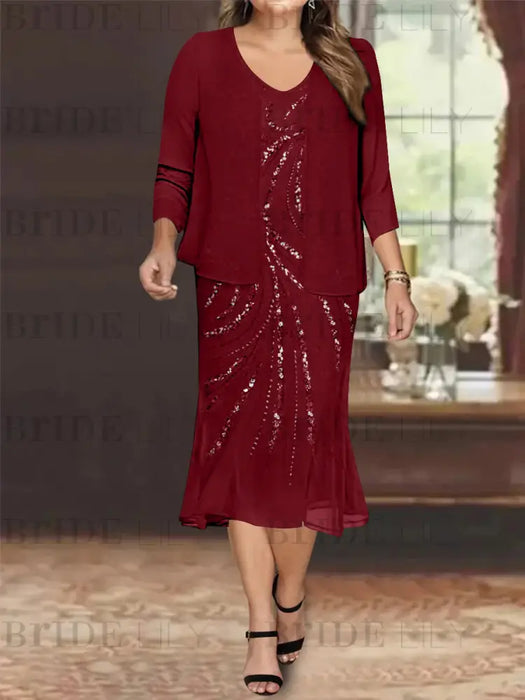 Burgundy Plus Size V-Neck Chiffon Mother of the Bride Dress Set with Jacket and Sequins Knee-Length