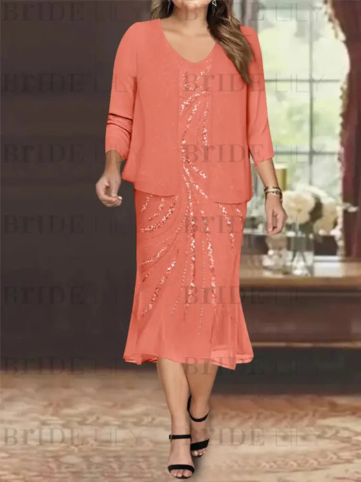 Watermelon Plus Size V-Neck Chiffon Mother of the Bride Dress Set with Jacket and Sequins Knee-Length