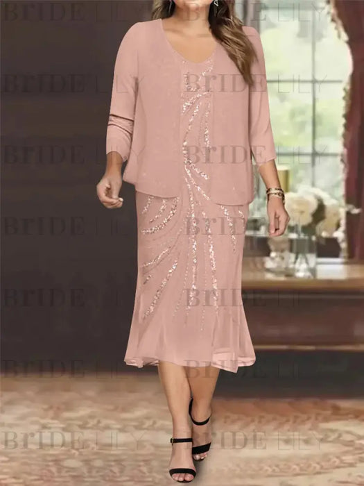 Mauve Plus Size V-Neck Chiffon Mother of the Bride Dress Set with Jacket and Sequins Knee-Length