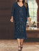 Dark Navy Plus Size V-Neck Chiffon Mother of the Bride Dress Set with Jacket and Sequins Knee-Length