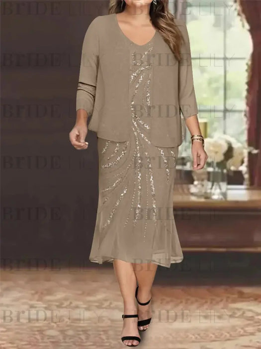 Taupe Plus Size V-Neck Chiffon Mother of the Bride Dress Set with Jacket and Sequins Knee-Length