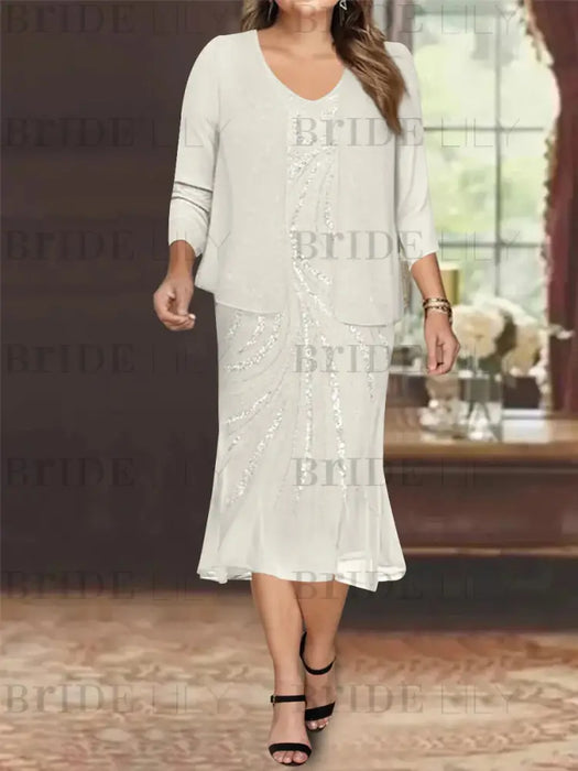 Ivory Plus Size V-Neck Chiffon Mother of the Bride Dress Set with Jacket and Sequins Knee-Length