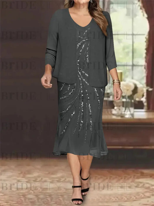 Plus Size V-Neck Chiffon Mother of the Bride Dress Set with Sequins Gray