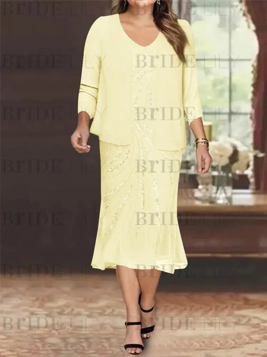 Daffodil Plus Size V-Neck Chiffon Mother of the Bride Dress Set with Jacket and Sequins Knee-Length
