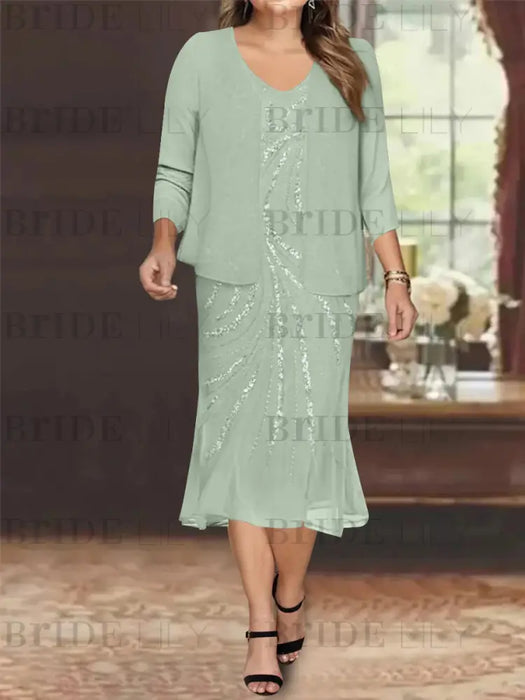 Sage Plus Size V-Neck Chiffon Mother of the Bride Dress Set with Jacket and Sequins Knee-Length