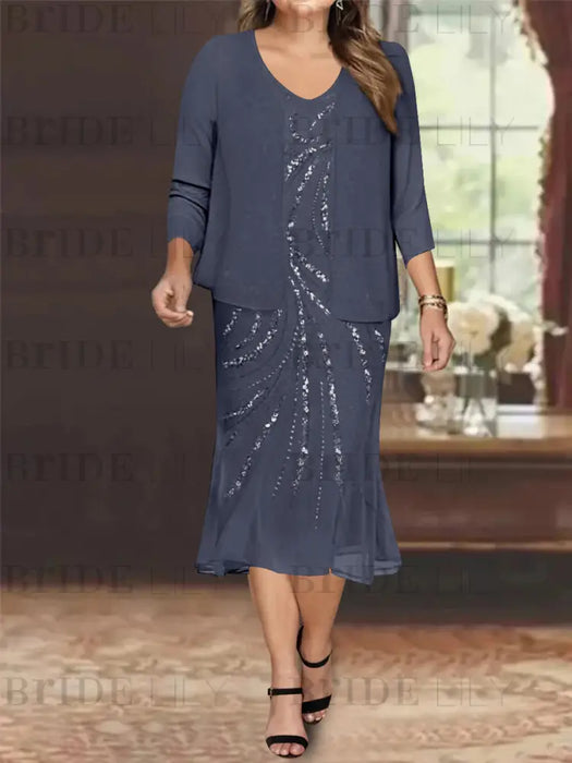 Stormy Plus Size V-Neck Chiffon Mother of the Bride Dress Set with Jacket and Sequins Knee-Length