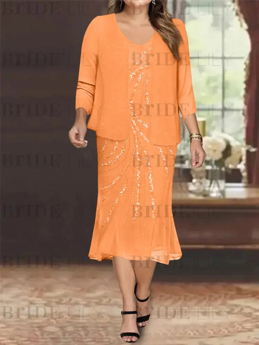 Orange Plus Size V-Neck Chiffon Mother of the Bride Dress Set with Jacket and Sequins Knee-Length