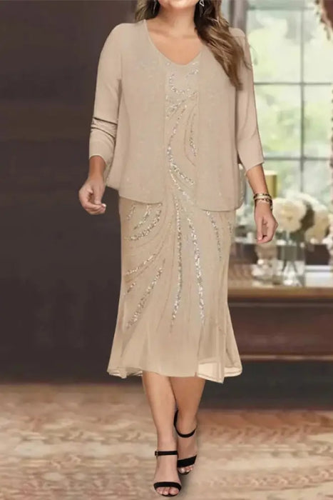 Plus Size V-Neck Chiffon Mother of the Bride Dress Set with Jacket and Sequins Knee-Length