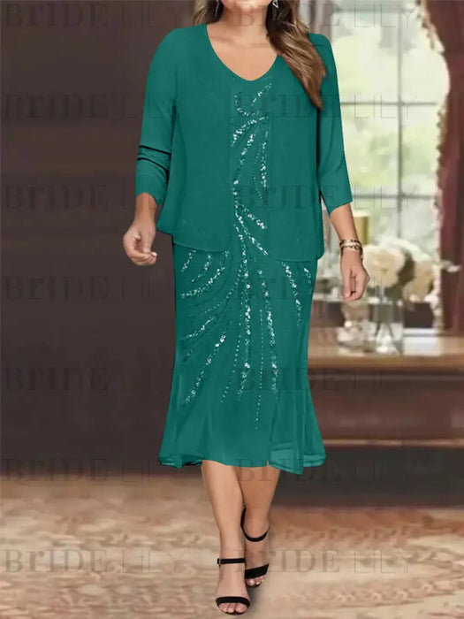 Emerald Green Plus Size V-Neck Chiffon Mother of the Bride Dress Set with Jacket and Sequins Knee-Length
