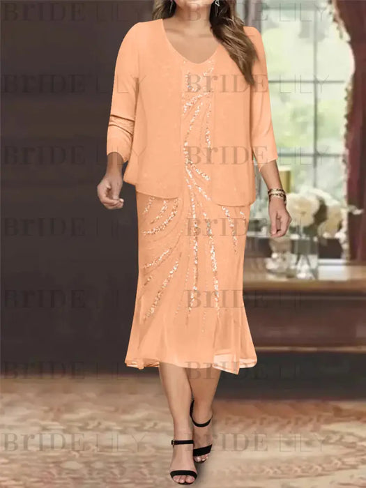 Coral Plus Size V-Neck Chiffon Mother of the Bride Dress Set with Jacket and Sequins Knee-Length