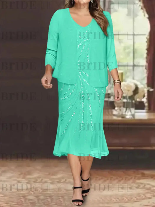 SpaPlus Size V-Neck Chiffon Mother of the Bride Dress Set with Jacket and Sequins Knee-Length