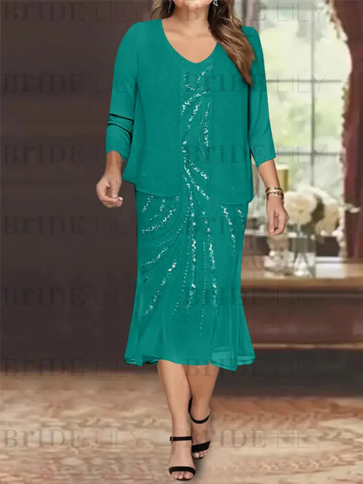 Pool Plus Size V-Neck Chiffon Mother of the Bride Dress Set with Jacket and Sequins Knee-Length