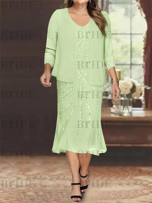 Celadon Plus Size V-Neck Chiffon Mother of the Bride Dress Set with Jacket and Sequins Knee-Length
