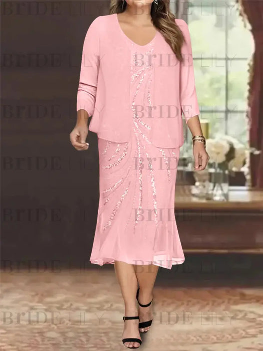 Candy Pink Plus Size V-Neck Chiffon Mother of the Bride Dress Set with Jacket and Sequins Knee-Length