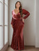 Plus Size Velvet Mother of the Bride A-Line Dress with V-Neck Long Sleeves and Ruffles