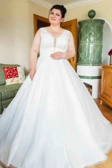 Plus Size Wedding Dress Tulle Lace Aline Bridal Dress V-neck with Appliques - Wedding Dresses