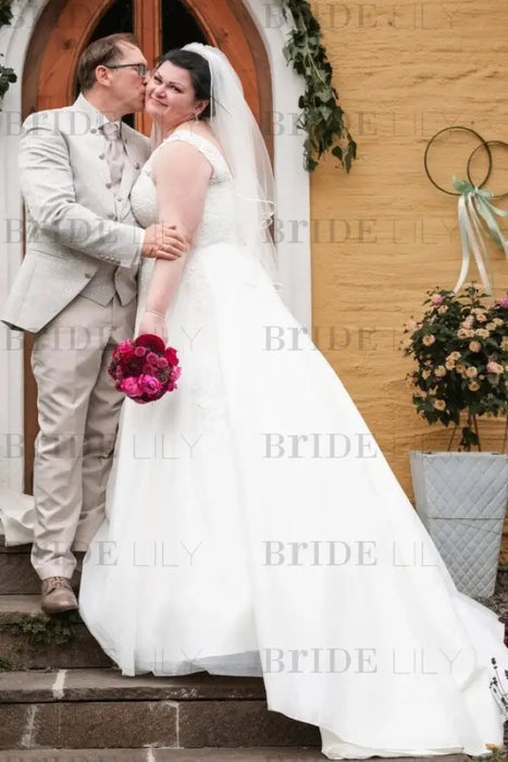 Plus Size Wedding Dress Tulle Lace Aline Bridal Dress V-neck with Appliques - Wedding Dresses