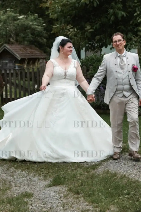 Plus Size Wedding Dress Tulle Lace Aline Bridal Dress V-neck with Appliques - Wedding Dresses