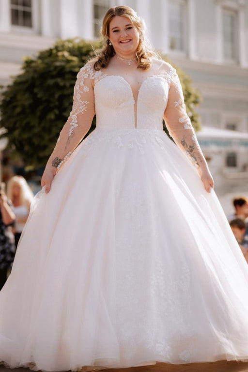 Plus Size Wedding Dresses Aline Tulle Long Sleeves White Bridal Dress