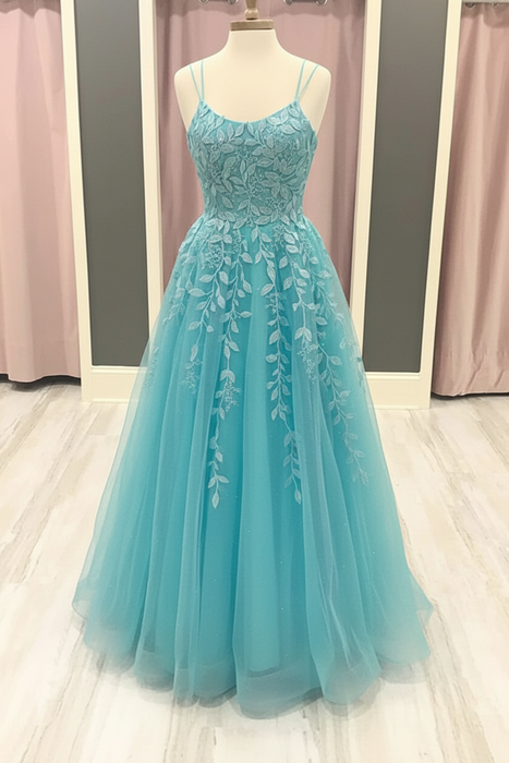 Pool A Line Lace Long Prom Dresses