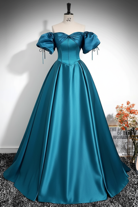 Pool A-Line Pleated Off-The-Shoulder Prom Dress