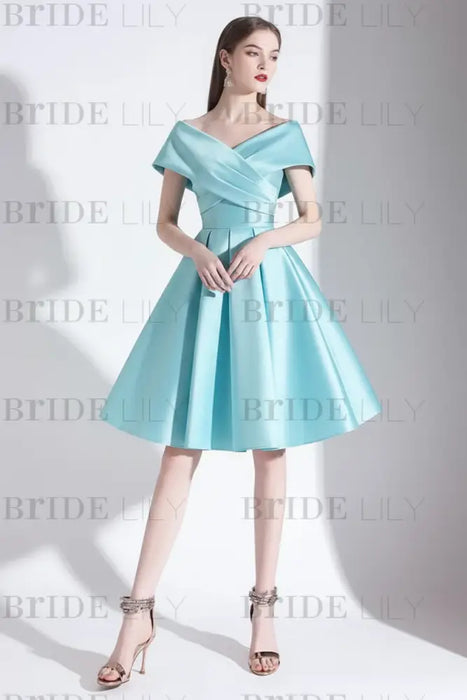 Pool A-Line V-Neck Knee-Length Short Sleeves Pleated Satin Cocktail Dress 