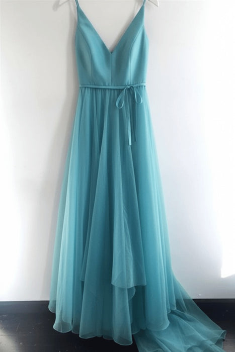 Pool A Line V Neck Spaghetti Straps Tulle Prom Dresses