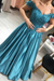 Pool Blue Off-the-Shoulder Lace Applique Satin Aline Evening Dresses