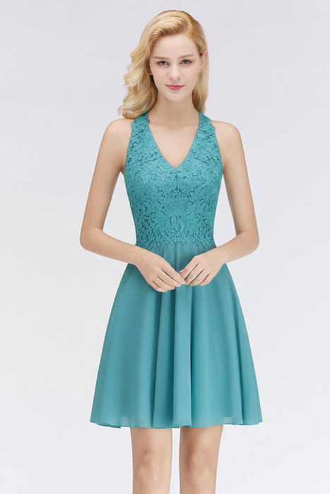 Pool V-Neck Short Lace Bridesmaid Dresses