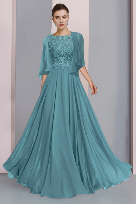 Pool Floor-Length A-Line Mother of the Bride Dress with Princess Scoop Neckline