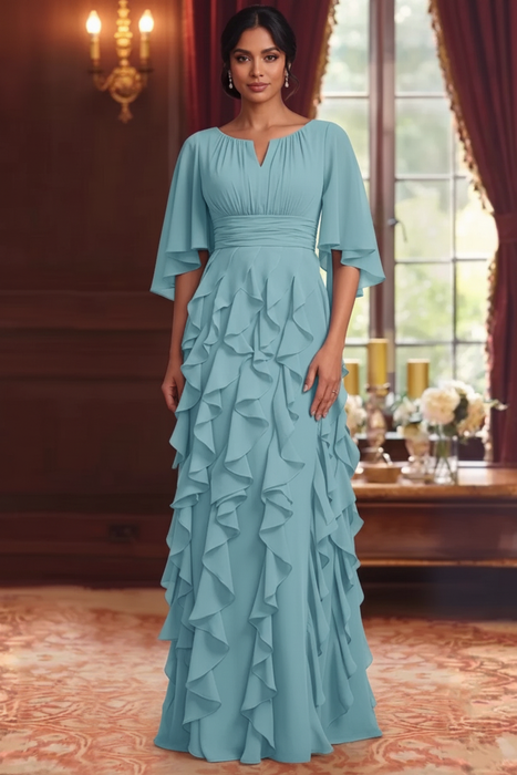 Pool Chiffon Mother of the Bride Dress Flutter Sleeves with Cascading Ruffles