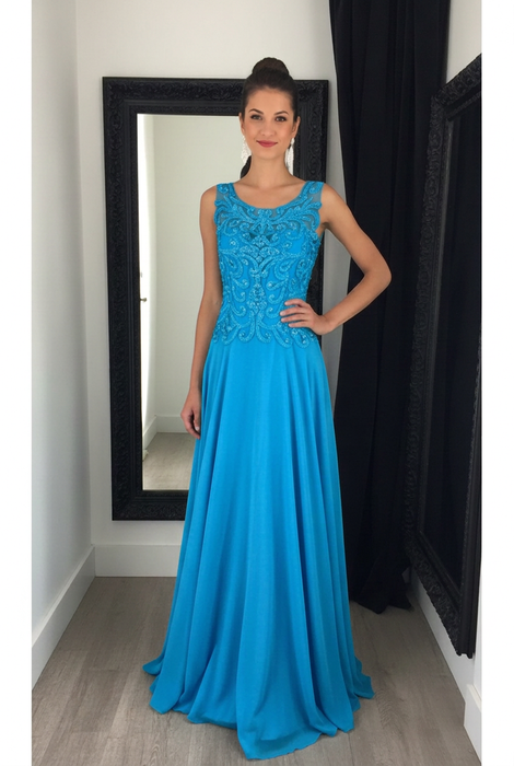 Pool Chiffon A-Line Prom Dress Scoop Neck with Lace Appliques