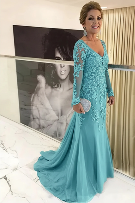 Pool Elegant Long Sleeves Lace mother of the bride dress V-Neck - Prom Dresses