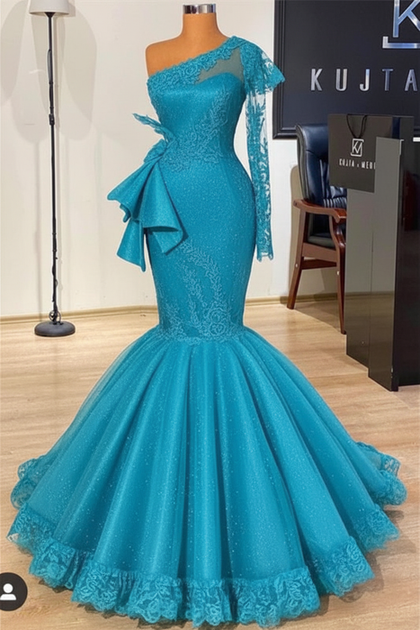 Pool Glitter Mermaid Prom Dress Long Sleeves Floral Lace Party Dress - Prom Dresses
