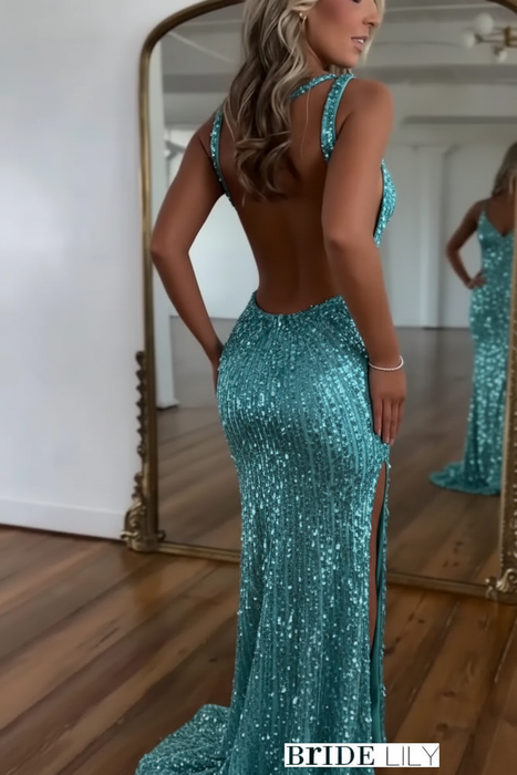 Pool Glitter Sequins Sleeveless V Neck Prom Dress Long with Split
