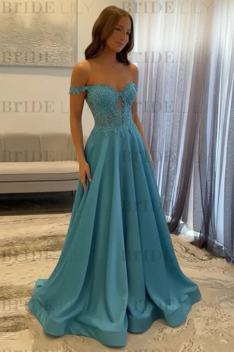 Pool Off-the-Shoulder A-line Evening Dress Lace Prom Dress Long