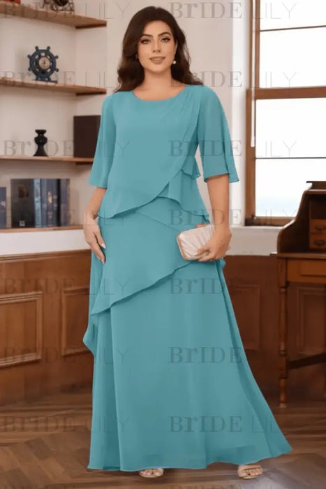 Pool Plus Size Ruffles Chiffon Mother of the Bride Dress Scoop Neck with Half Sleeves