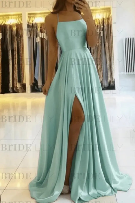 Pool Simple Prom Dress Long With Spaghetti Straps Front Slit Satin Evening Dress