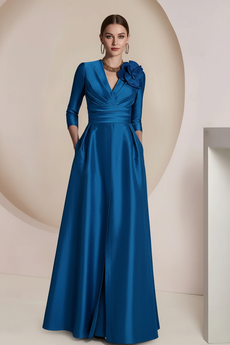 Pool Satin V-Neck Mother of the Bride Dress with 3/4 Sleeves with Split Front