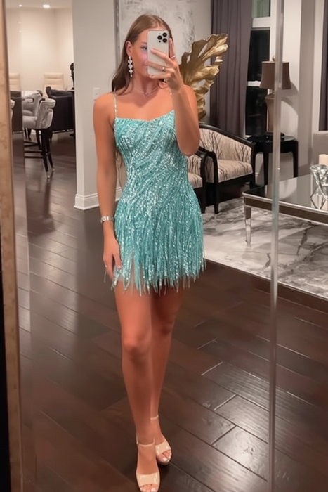 Pool Spaghetti Straps Sequins Tight Short Hoco Dress with Fringes