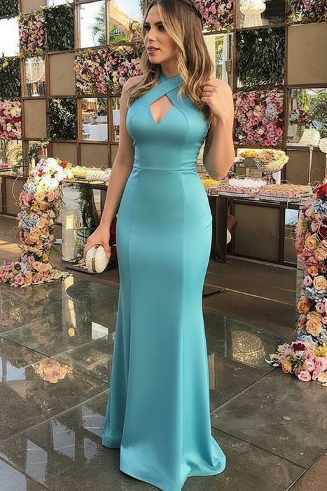 Pool Sheath Sleeveless Halter Floor-Length With Ruffles Satin Dresses - Prom Dresses