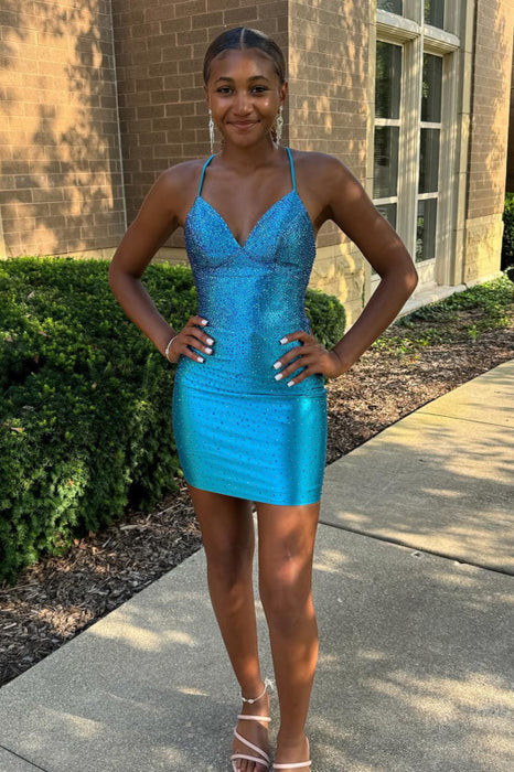 Pool Sparkly Beaded Tight Short Homecoming Dress