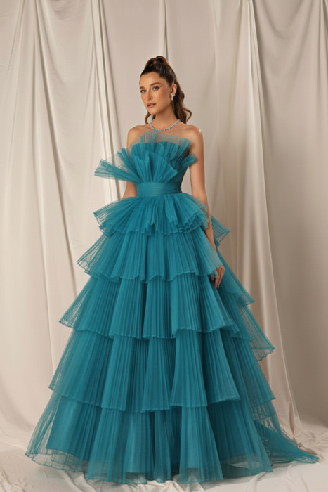 Pool Strapless Mermaid Evening Gown with Layers and Sleeveless Design
