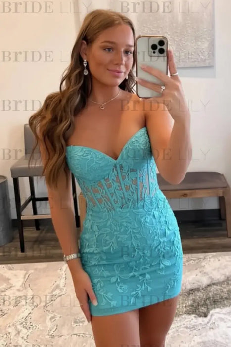 Pool Strapless Beaded Short Lace Prom Dresses Sweetheart Tight Homecoming Dresses